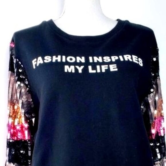 Lea & Viola Sequin Sleeve Terry Sweater Top Women's Flashy Sparkling Spellout XS - Picture 2 of 9